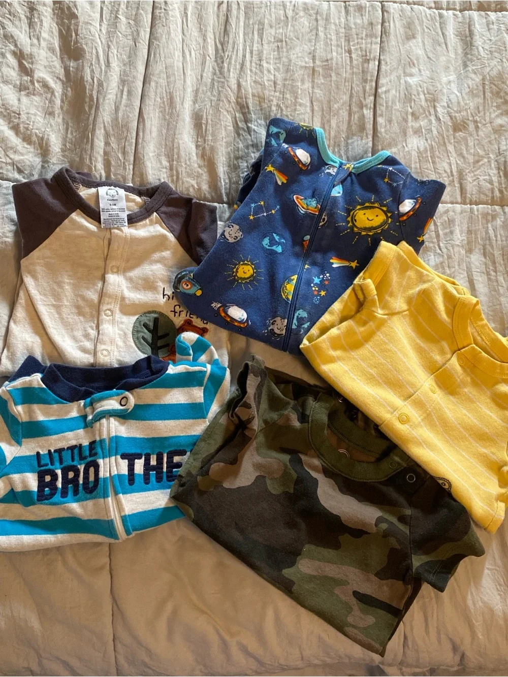 5 piece Assorted Baby Rompers - Camo, Yellow, Striped & Space Prints